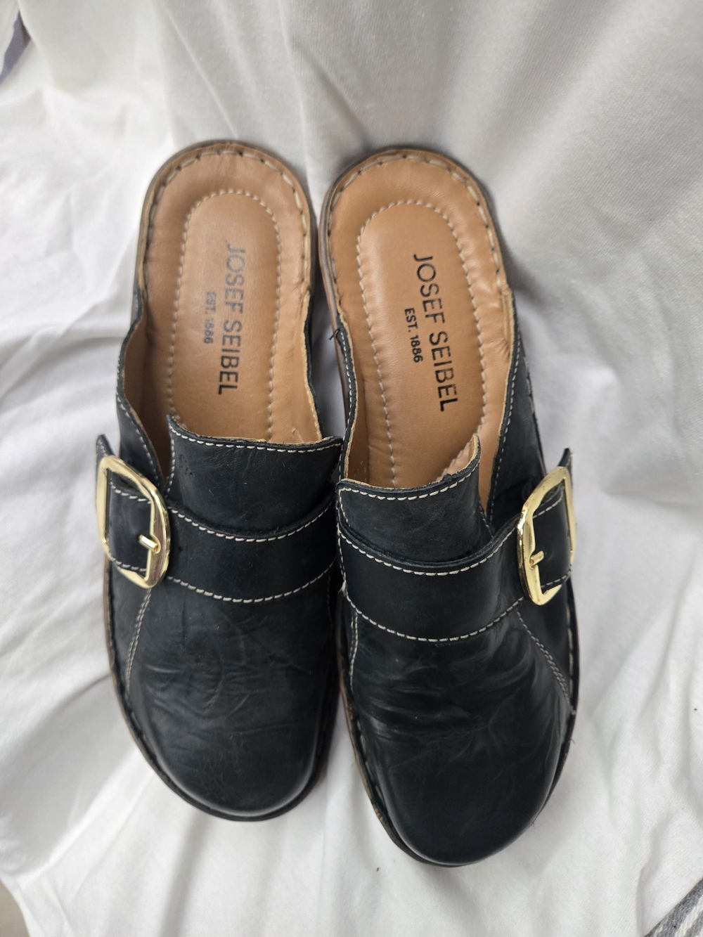 Josef Seibel Black Leather Slip-On Clogs with Gold Buckle